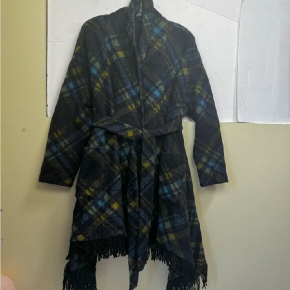 Samuel Dong Wool Check Fringe Wrap Coat Shawl Pockets Tartan Poncho Oversized L - Picture 6 of 16